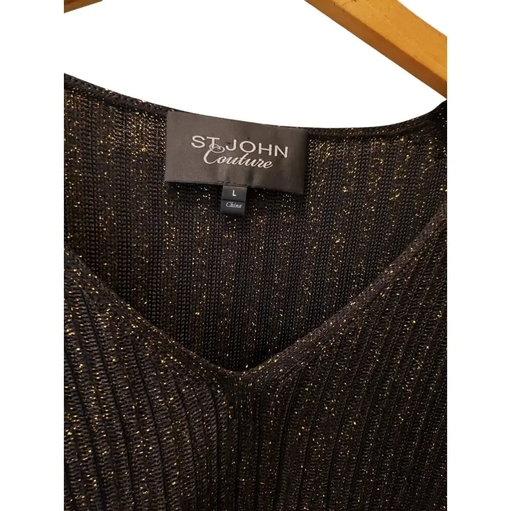 St. John Couture Womens V Neck Black Gold Long Sleeve Sweater Size Large Classic
